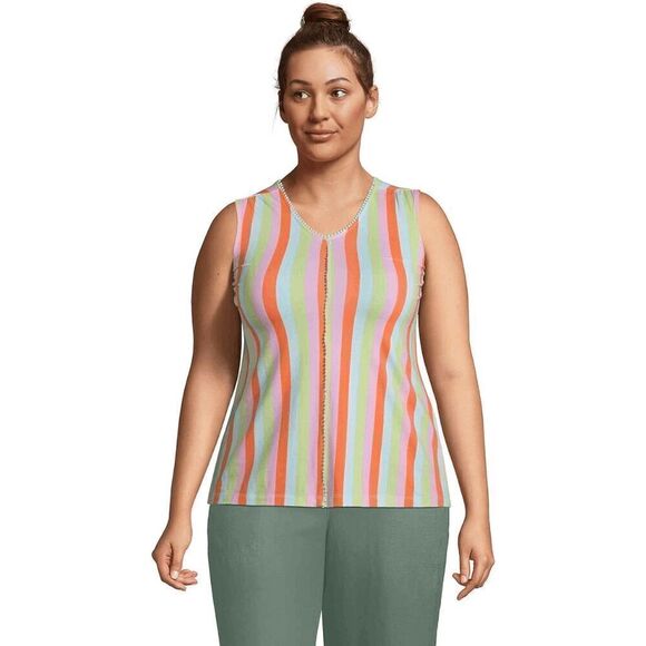 Lands' End Light Weight Trimmed Tank Top, Papaya Orange Multi Stripes Women's 2X - Picture 3 of 6